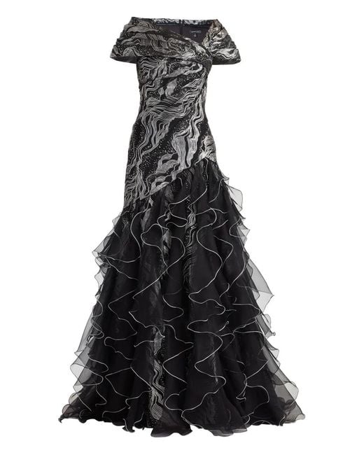 Tadashi Shoji Black Ruffled Metallic-Effect Maxi Dress