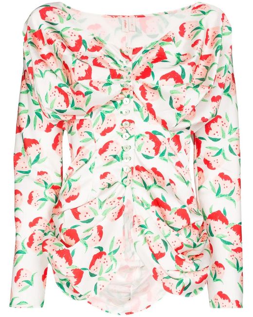 YUHAN WANG Red Peach Print Ruched Blouse