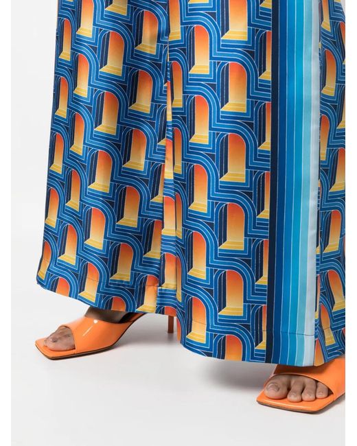 Casablanca Blue L'Arche De Nuit-Print Silk Palazzo Trousers