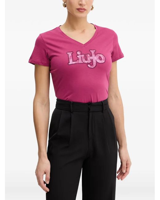 Liu Jo Pink Embellished V-Neck T-Shirt