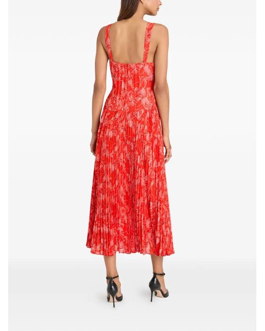 Cinq À Sept Red Botanical Floral Pascual Pleated Midi Dress