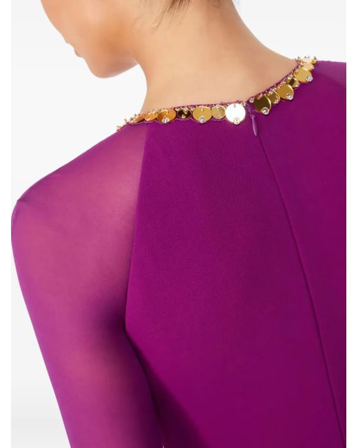 Jenny Packham Purple Eurabia Mesh-Sleeve Midi Dress