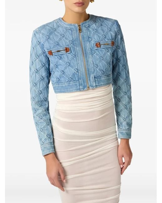 Elisabetta Franchi Blue Diamond Horsebit Denim Cropped Jacket