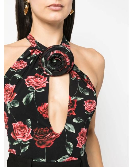 Magda Butrym Red Floral-Print Keyhole-Neck Bodysuit
