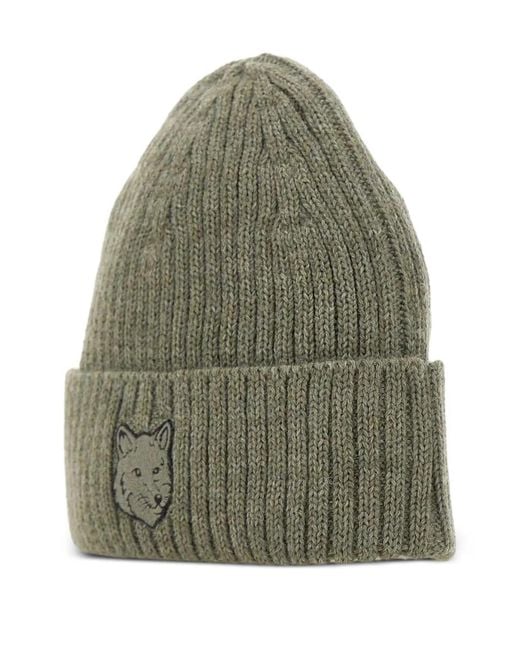 Maison Kitsuné Green Fox-Head Ribbed Beanie