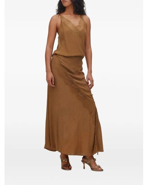 Rabens Saloner Brown Lace-Trim Maxi Skirt