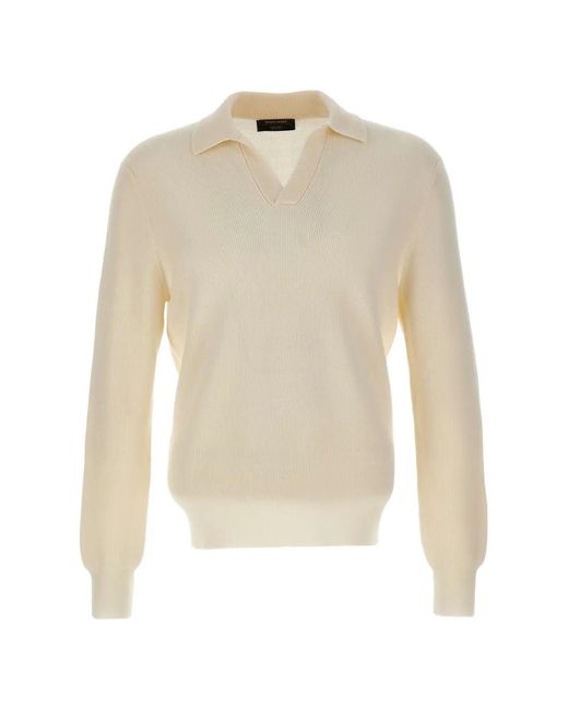 Gran Sasso White Ribbed-Knit Virgin Wool Polo-Collar Sweater for men