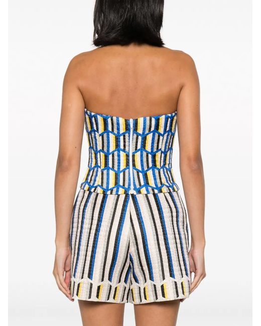 Gemy Maalouf Blue Geometric-Pattern Strapless Top