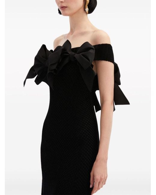 Oscar de la Renta Black Bow-detail Open-knit Midi Dress