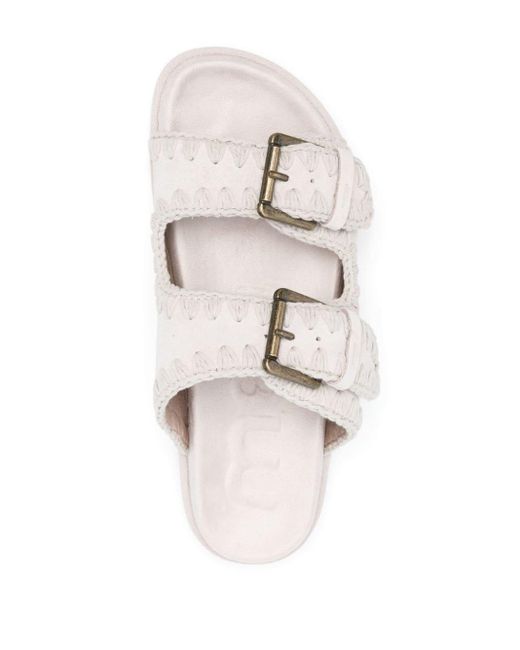Mou White Suede Buckle Slides