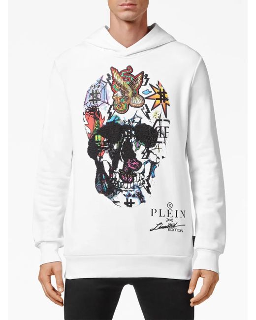 Philipp Plein White Skull-Print Crystal-Embellished Hoodie