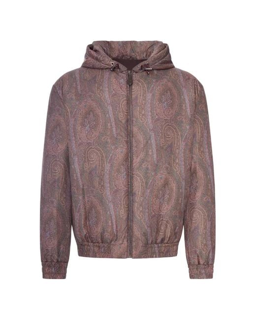 Etro Brown Arnica-Pattern Hooded Bomber Jacket for men
