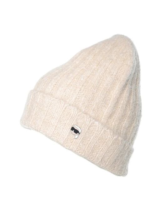 Karl Lagerfeld Natural Ikon Ribbed-Knit Beanie Hat
