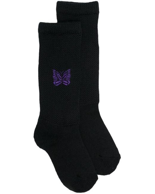 Needles Black Embroidered Butterfly Ankle Socks for men