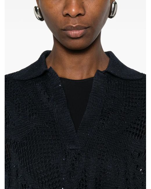 Brunello Cucinelli Black V-Neck Open-Knit Sweater