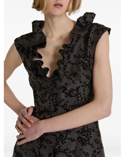 Alberta Ferretti Black Ruffled Floral Midi Dress
