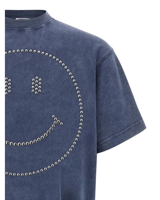 Moschino Blue Stud-Embellished Smiley T-Shirt for men
