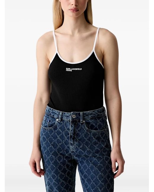 Karl Lagerfeld Black Ribbed-Knit Logo-Print Bodysuit