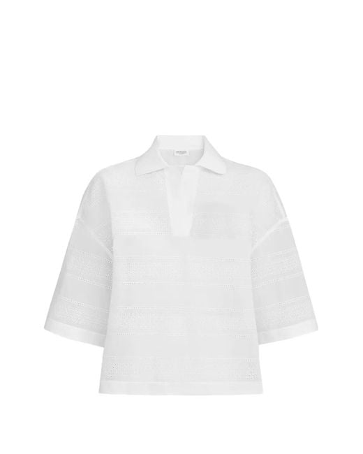 Brunello Cucinelli White Cotton Organza Broderie Anglaise Cropped Polo