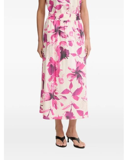 MARC AUREL Pink Floral-Print Smocked-Waist Midi Skirt