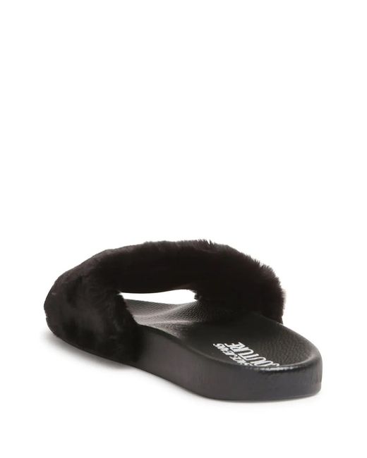 Versace Jeans Couture Black Faux-Fur Embroidered Logo Slides