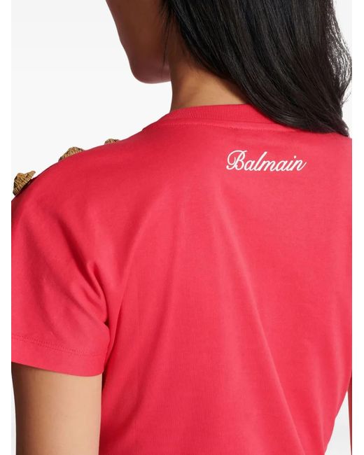 Balmain Pink Draped-Detail Button T-Shirt