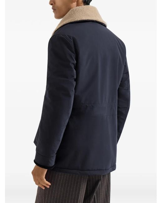 Brunello Cucinelli Blue Bonded Nylon Double-Breasted Coat With Shearling Lining for men