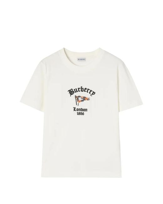 Burberry White T-Shirt En Coton Avec Drapeau À Carreaux