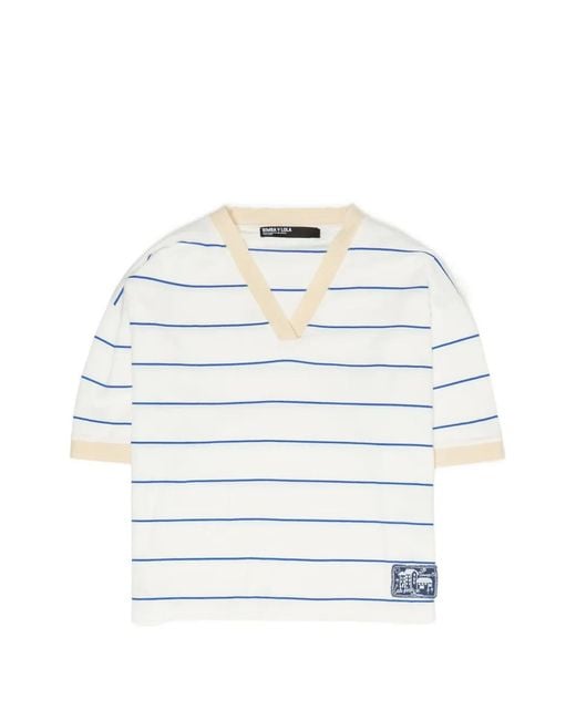 Bimba Y Lola White Striped Logo-Patch T-Shirt