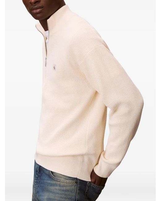 Calvin Klein White Logo-Patch Zip-Neck Sweater for men