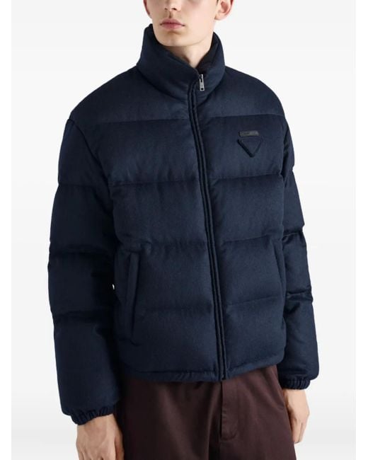 Prada Blue Logo-Embellished Padded Dow-Filled Cashmere Jacket for men