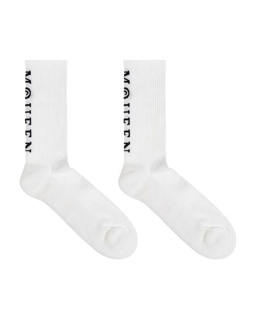 McQueen White Ribbed Logo Socks for men