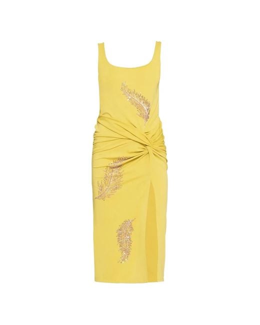 Des Phemmes Yellow Robe Mi-Longue Ornée De Plumes Et Perles