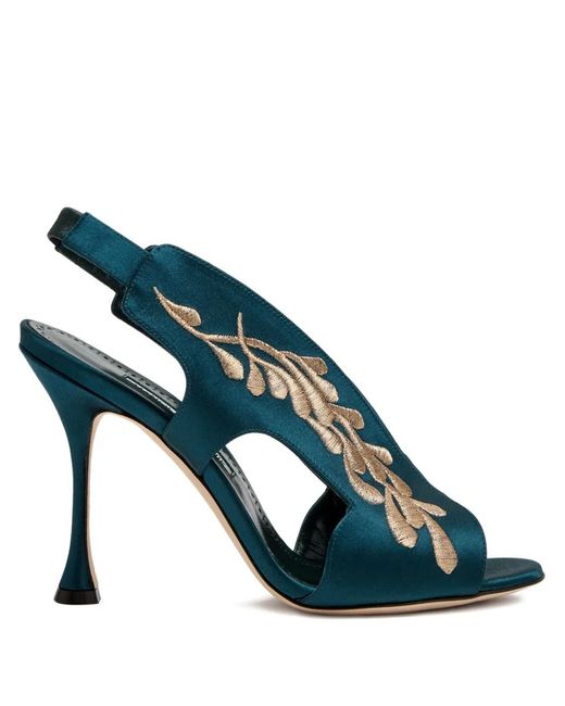 Manolo Blahnik Blue Pancrabonu 105 Embroidered Satin Slingback Sandals