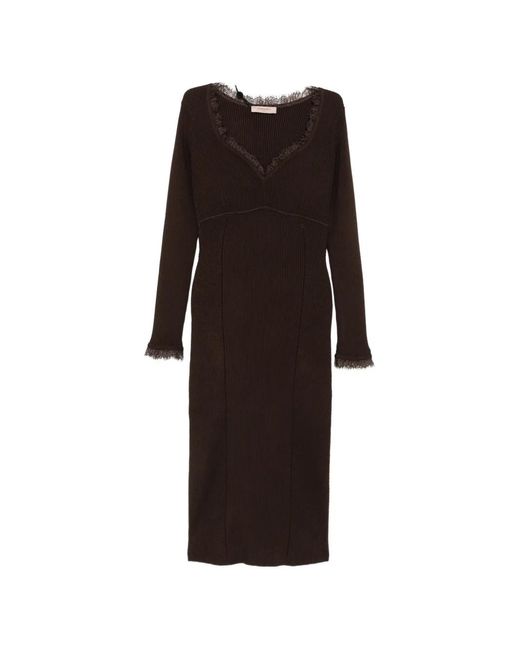 Twinset Brown Lace-Trim Ribbed-Knit Midi Dress