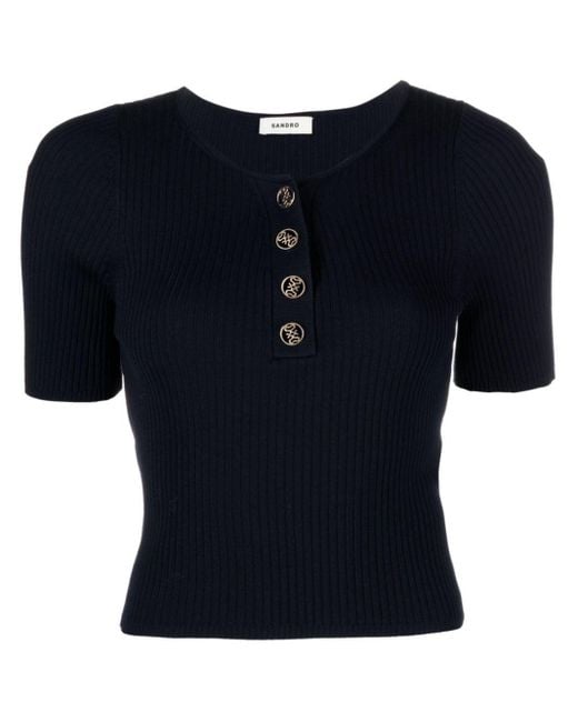 Sandro Blue Ribbed-knit Button-up Top