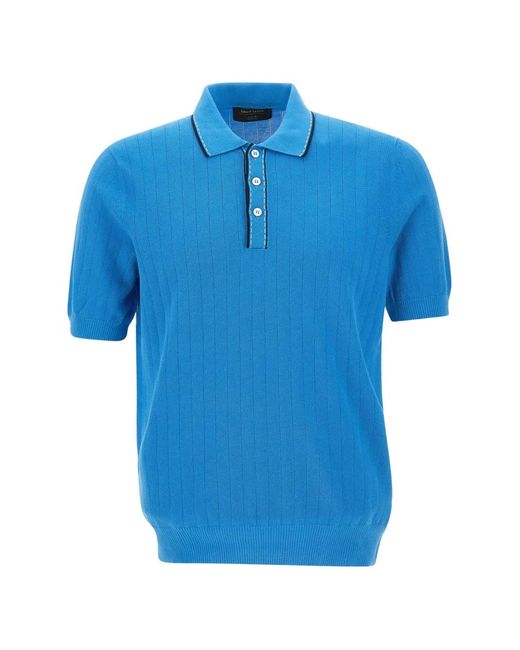 Gran Sasso Blue Ribbed-Knit Polo Shirt for men