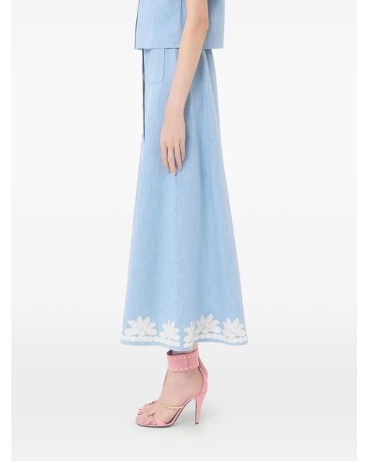 Valentino Garavani Blue Embroidered Denim Midi Skirt