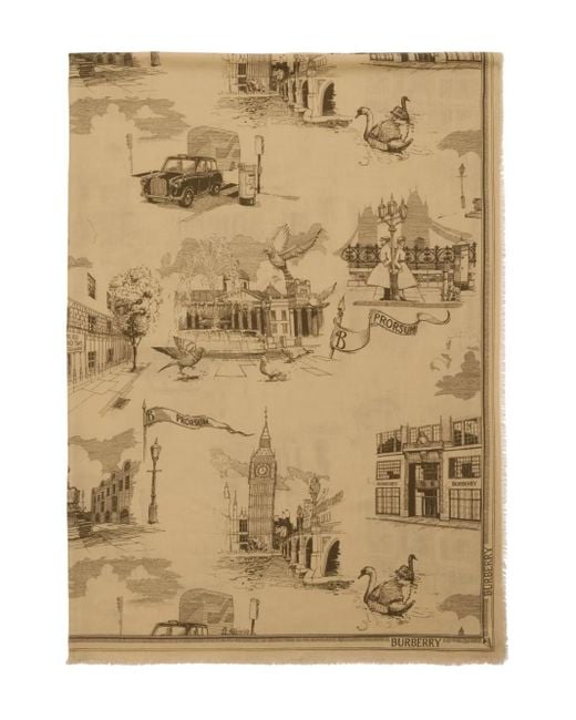Burberry Natural London Landmarks Wool Silk Scarf