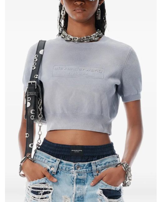 Alexander Wang Blue Logo-Embossed Cropped Knit Top
