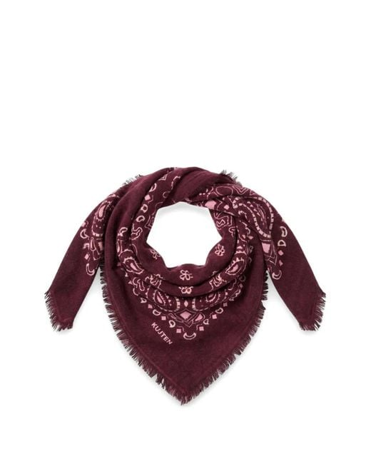Kujten Purple Paisley-Print Frayed Scarf