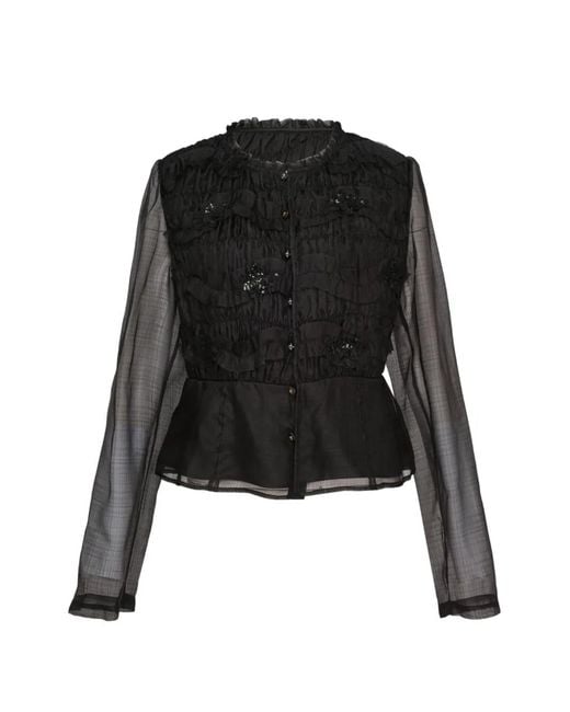 Renli Su Black Smocked Sequin-Embellished Blouse