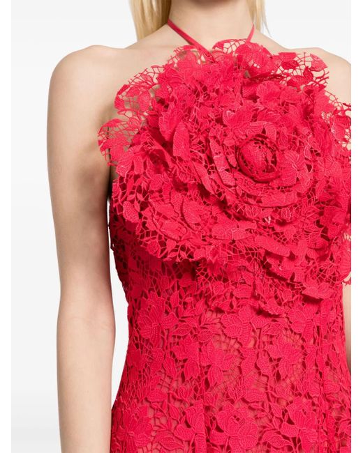 Oscar de la Renta Red Floral-Appliqué Lace Minidress
