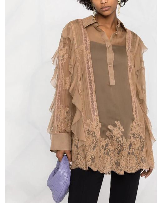 Valentino Garavani Natural Beige Silk Ruffle-trim Silk Blouse