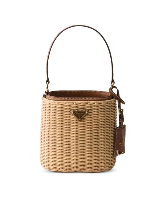 Prada White Wicker And Leather Bucket Bag