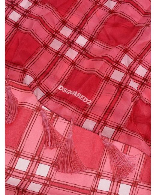 DSquared² Red Checked-Pattern Tassel-Trim Scarf for men