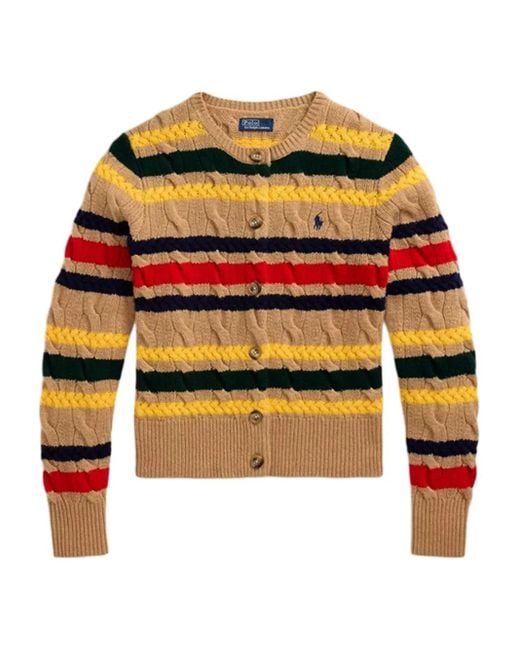 Polo Ralph Lauren Orange Cable-Knit Striped-Pattern Cardigan