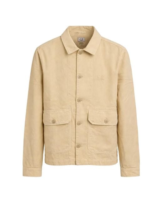 C P Company Natural Linen And Cotton Broken Twill Overshirt With Embroidered Logo for men