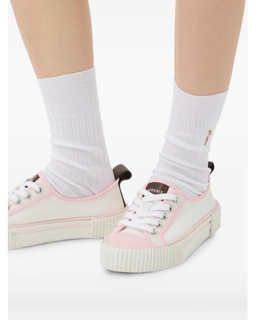 Versace White Style Embossed Greek Low-Cut Lace-Up Sneakers With Logo Tongue And Rubber Toe Cap