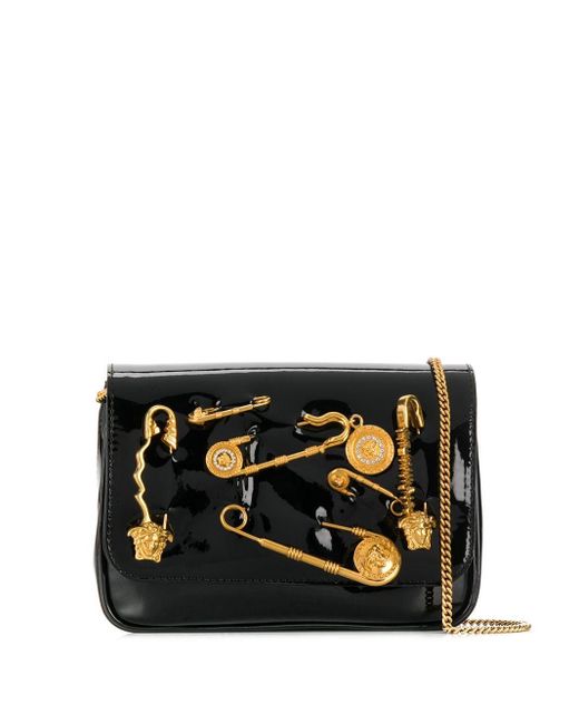 Versace Black Safety Pin Patent Leather Crossbody Bag